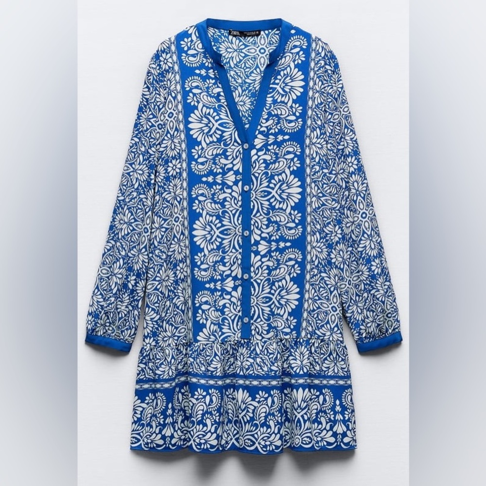 Zara’s Placement Print, Button Front Closure with Cuff Sleeve.
